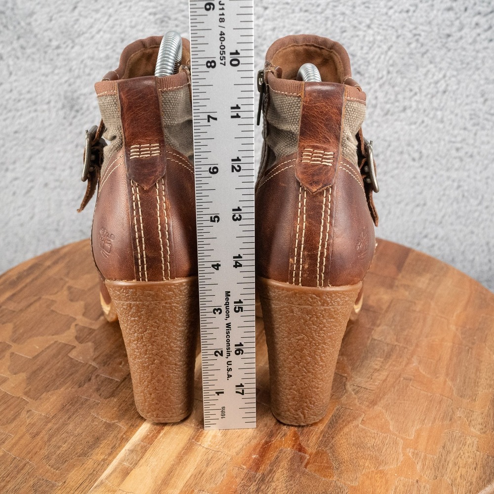 Timberland Ankle Boots Women 8.5 Brown‎ High Heel Chunky Zip Up Buckle Ortholite - Picture 4 of 7